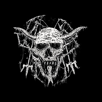 death metal illustration monster skull with horns in horror art style