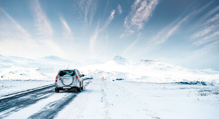 Winter Iceland landscape. Traveling along the Golden Ring in Iceland by car. Winter ,when the...