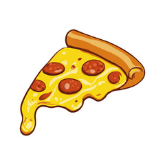 Pizza slice with dripping cheese. A slice of Italian pizza on a white background.Vector Illustration.