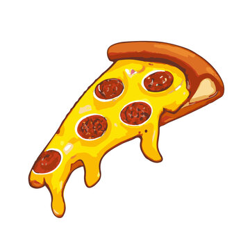 Pizza slice with dripping cheese. A slice of Italian pizza on a white background.Vector Illustration.