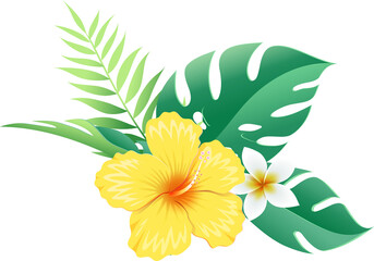 Hibiscus flowers on tropical leaf