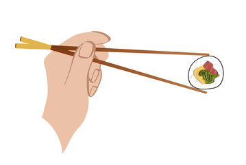 Holding chopsticks with sushi roll on white background. Poster, logo, background or icon. Japanese sushi logo for concept design. Flat style. Vector illustration.