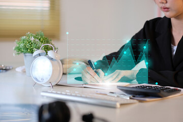 Business technology, finance, and trading investor investors. Investments in the stock market, funds, and digital assets. A businesswoman studies a financial data graph for forex trading