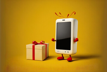 On a yellow backdrop, a white present box with a red ribbon character mascot and a contemporary mobile phone has a blank screen for your design.. Generative AI