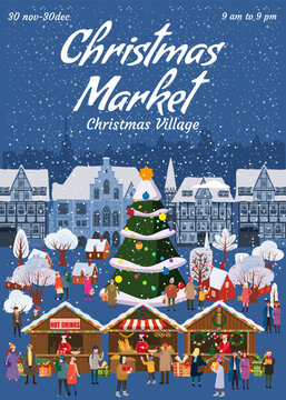 Poster Christmas market template. Xmas fair card with decorated Christmas tree