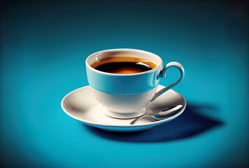 Fototapeta premium Espresso coffee in a little white porcelain cup on a vivid blue background.. Generative AI
