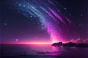 Naklejka na ściany i meble Blue and pink purple meteor shower falls down with glittering particles over glow ocean wave abstract stage background. 3D rendering