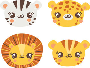 Obraz na płótnie Canvas Vector set of muzzles of wild cats. Tiger, Bengal tiger, lion, leopard. Cute animal faces on white background 