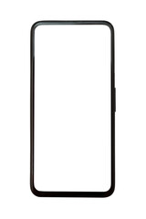 Phone on a white background with blank white screen. Isolated. Mockup. Layout for design. Copy space. Place for text.