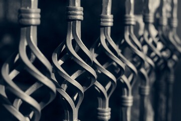Black wrought iron front garden. Metal fence made of forged steel. Close up. 