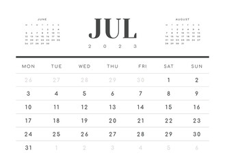 Monthly Calendar Template of july 2023. Vector layout simple calendar with week start monday.