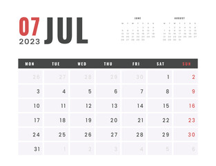 Monthly Calendar Template of july 2023. Vector simple gray grid layout for wall or desk calendar with week start on Monday for print