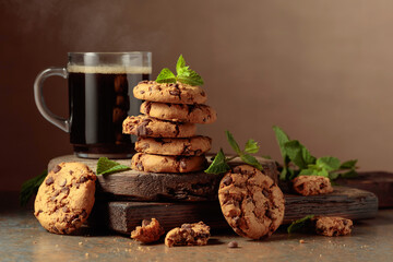 Chocolate cookies with mint and a cup of black coffee.