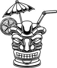 Illustration of Tiki tribal wooden mask. Design element for logo, emblem, sign, poster, card, banner. Vector illustration © liubov