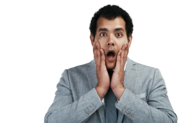PNG studio shot of a businessman looking worried while standing against a grey background