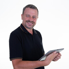 Confident business man holding digital tablet computer smiling on white background