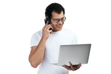 PNG studio shot of a man talking on her cellphone while holding his laptop