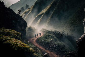Two hikers are seen moving over a curvy path that is bordered by vegetation and a foggy mountain.. Generative AI