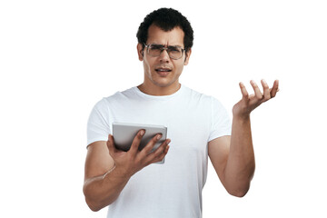 PNG shot of a man using a digital tablet while standing against a grey background