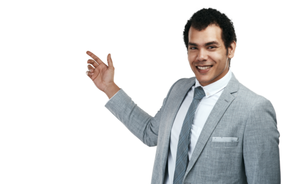 PNG studio shot of a businessman pointing at copyspace against a grey background