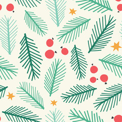 Christmas leaves and berries vector background pattern. Modern trendy festive foliage illustration with golden stars.