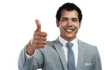 PNG studio shot of a confident businessman showing thumbs up while standing against a grey background