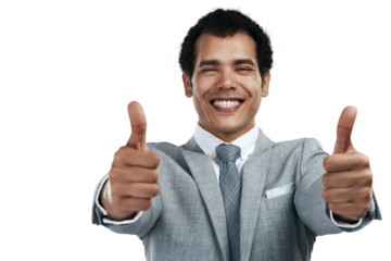 PNG studio shot of a confident businessman showing thumbs up while standing against a grey background