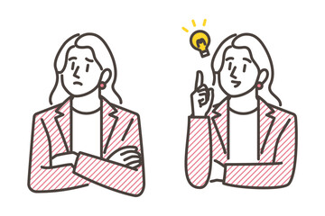 Female businessperson in distress and female businessperson smiling after solving a problem [Vector illustration].