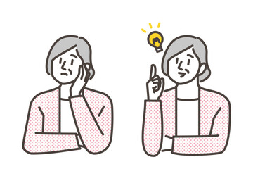 Elderly woman in distress, thinking, and having trouble, and elderly woman smiling after solving a problem [Vector illustration].