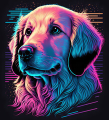 Portrait of a golden retriever in synthwave style