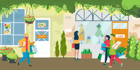 People character together shopping in store buy present, customer purchase stuff discount sale promotion offer flat vector illustration.