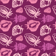 Strawberry pattern seamless, strawberries illustration for fabric ornament and textile design. Hand drawn vector red berry. Juice or jam label design. Color berries background. Strawberry backdrop.