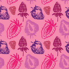 Strawberry pattern seamless, strawberries illustration for fabric ornament and textile design. Hand drawn vector red berry. Juice or jam label design. Color berries background. Strawberry backdrop.