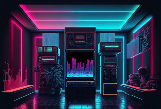Retro neon room with neon lines and a technologically advanced backdrop. Generative AI