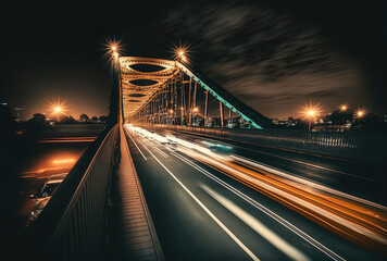 vehicles on a bridge at night with blur. Generative AI