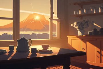 Dawn Road Views. Clear Sunny day, Sky with Movie Atmosphere and Wonderful Cloud, Beautiful Colorful Landscape, Anime Comic Style Art. For Poster, Novel, UI, WEB, Game, Design