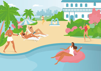 Obraz na płótnie Canvas Tropical country vacation, people relax together hotel beach swimming pool flat vector illustration, holiday accommodation guesthouse.