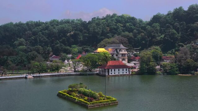 Skyline Aerial View of Kandy Lake and Famous City Landmark Sri Dalada