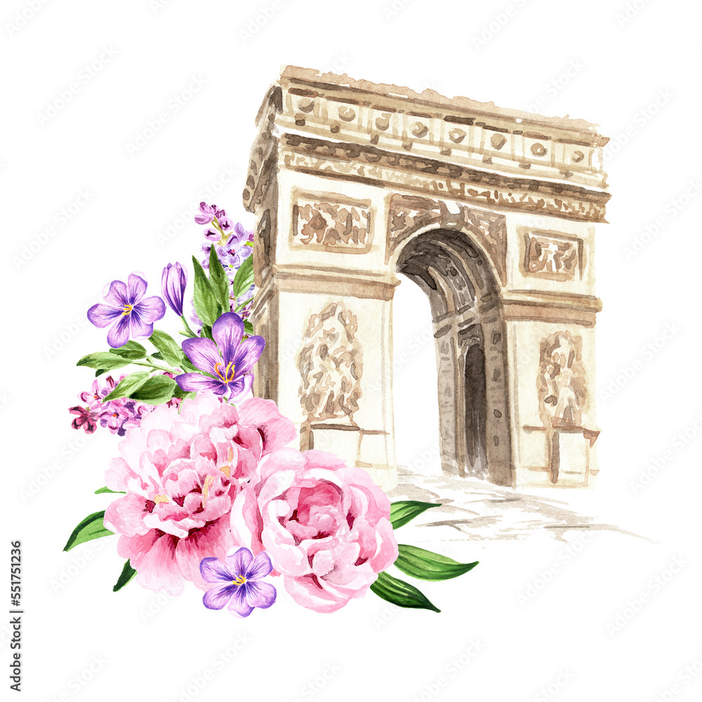 Wall mural triumphal arch in paris and bouquet of flowers. welcome to france card concept. hand drawn watercolo