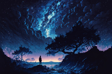 Clear Night with galaxy, Sky with Movie Atmosphere and Wonderful Cloud, Beautiful Colorful Landscape, Anime Comic Style Art. For Poster, Novel, UI, WEB, Game, Design