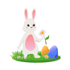 easter card. rabbit with chamomile and easter eggs on the grass. vector illustration