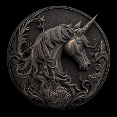 Metal badge medal with unicorn and patterns in black background