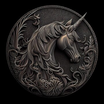 Fototapeta Metal badge medal with unicorn and patterns in black background