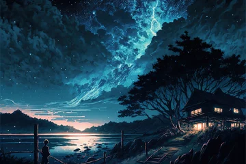 Fototapeten Clear Night with galaxy, Lake Reflection, Sky with Movie Atmosphere and Wonderful Cloud, Beautiful Colorful Landscape, Anime Comic Style Art. For Poster, Novel, UI, WEB, Game, Design © Uomi