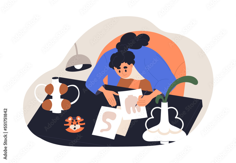 Poster ceramics designer drawing pottery sketches. creative woman designing, developing porcelain and clay 