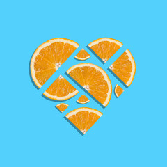 Juicy fresh orange slices forming heart shape on bright blue background. Minimal summer concept. Top view - 551752008
