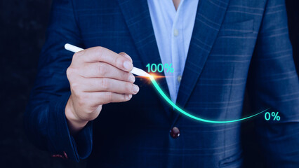 Businessman holding stylus pencil pointing touching to that has grown exponentially rapidly from 0...