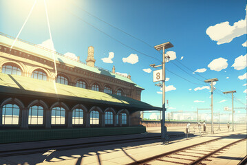 Fototapeta na wymiar Train Station. Clear Sunny day, Sky with Movie Atmosphere and Wonderful Cloud, Beautiful Colorful Landscape, Anime Comic Style Art. For Poster, Novel, UI, WEB, Game, Design