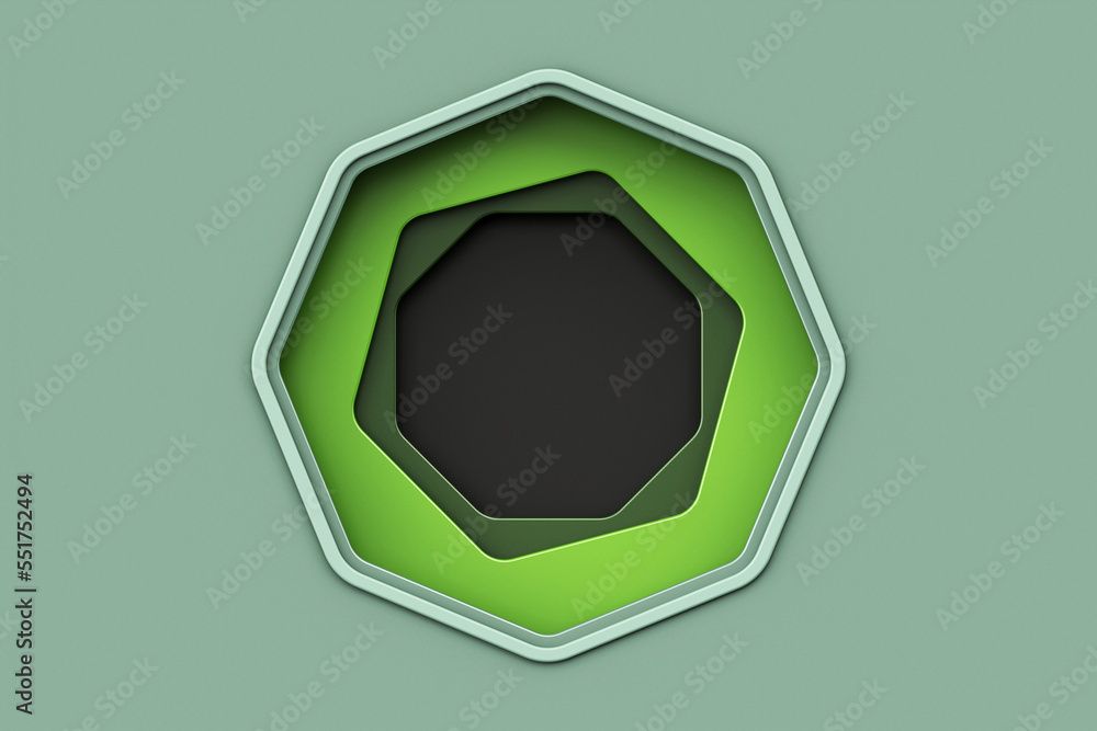 Poster green paper cut holes octagon shape. stacks of paper that have been cut into octagon are arranged in
