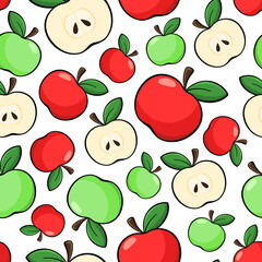 Apples vector seamless pattern. Red and green apples, cut slices and seeds on white background. Best for textile, wallpapers, home decoration, wrapping paper, package and web design.